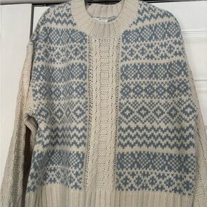 Lou & Grey Beige and Light Blue Patterned Crewneck Sweater